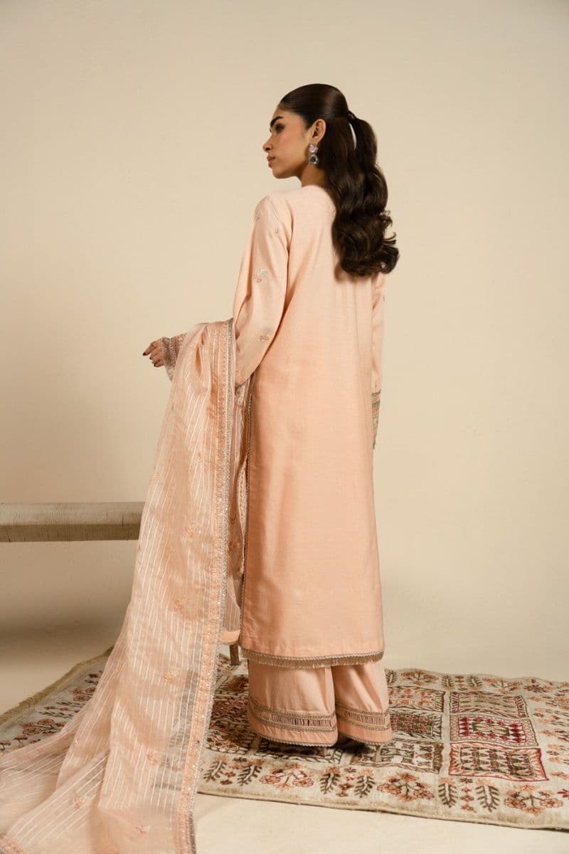 Peach Embroidered Cotton Satin 3 Piece Unstitched Suit