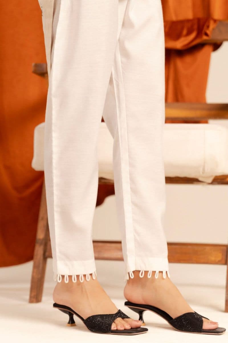 White Cotton Silk Ready-to-Wear Trouser