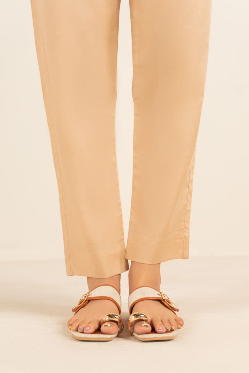 Beige Solid Cambric Ready-to-Wear Trouser