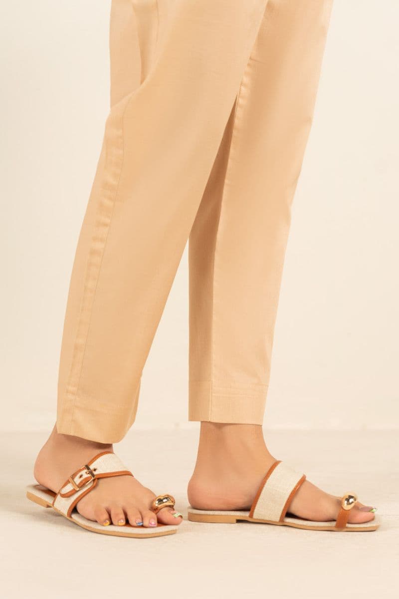 Beige Solid Cambric Ready-to-Wear Trouser