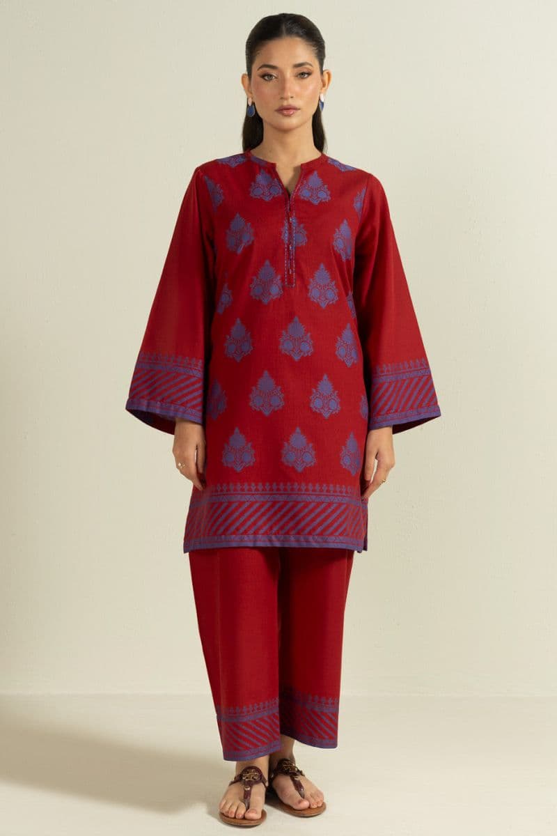 Red Embroidered Yarn Dyed 2 Piece Ready-to-Wear Suit