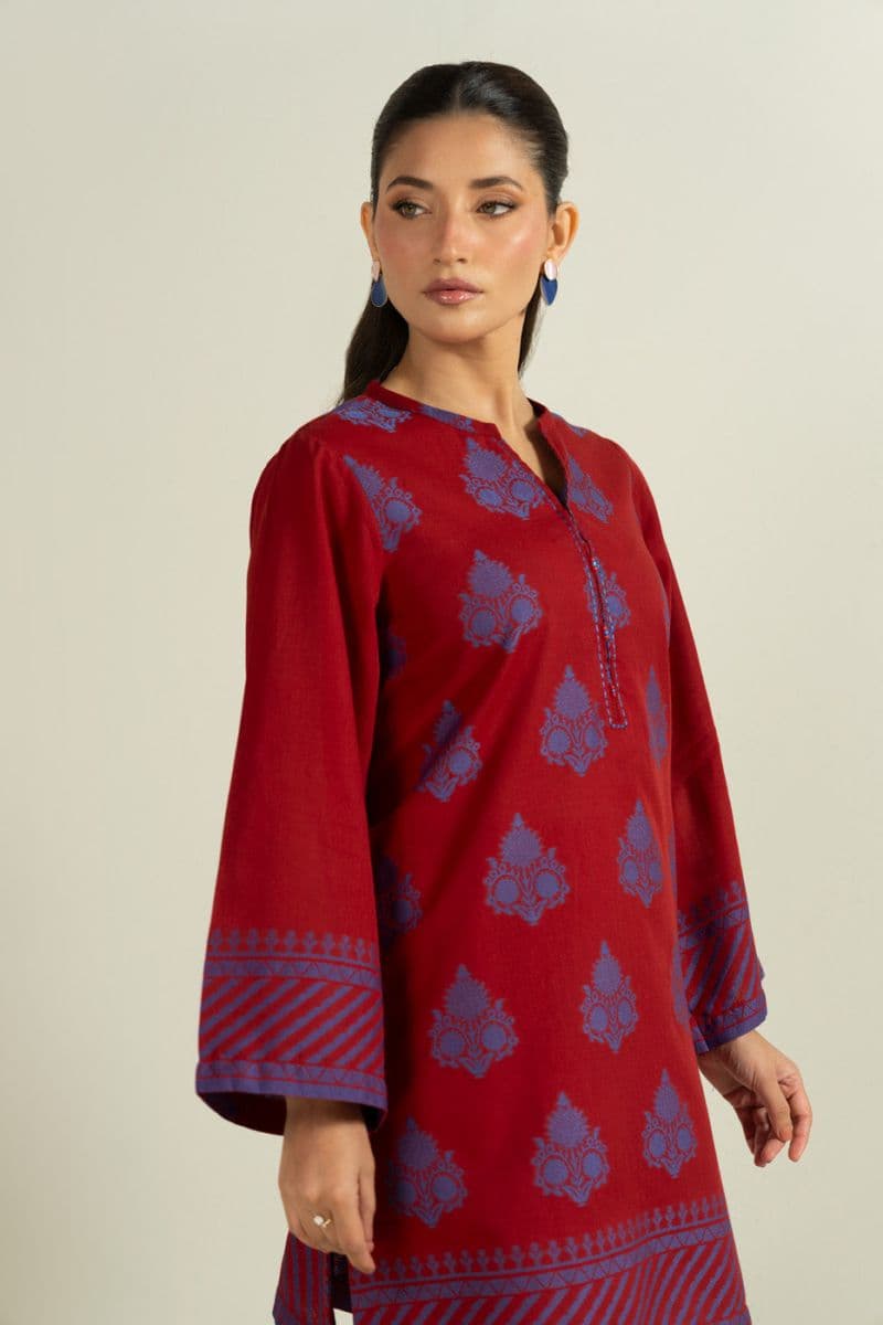 Red Embroidered Yarn Dyed 2 Piece Ready-to-Wear Suit