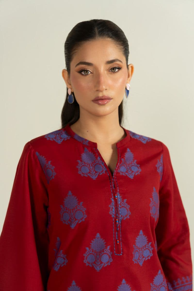 Red Embroidered Yarn Dyed 2 Piece Ready-to-Wear Suit