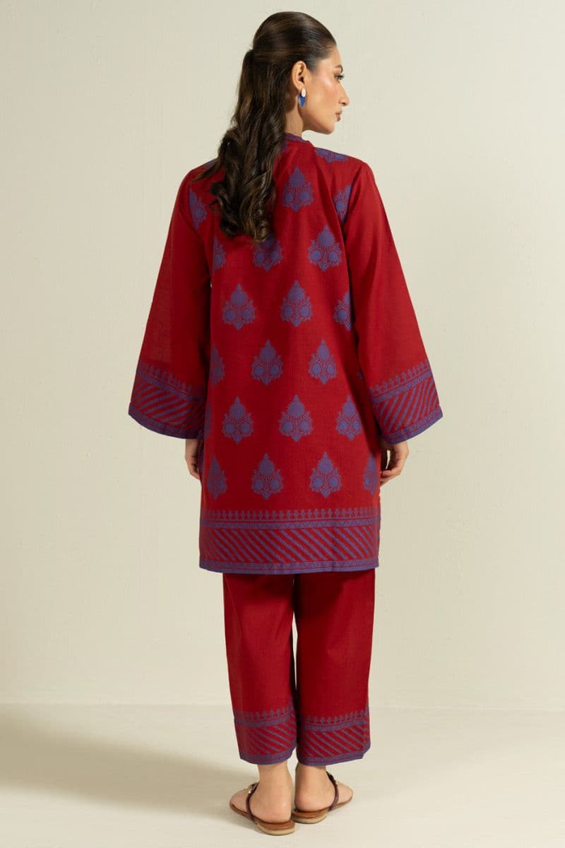 Red Embroidered Yarn Dyed 2 Piece Ready-to-Wear Suit