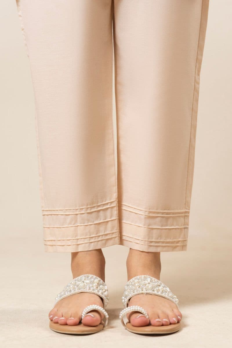 Cream Solid Cambric Ready-to-Wear Trouser