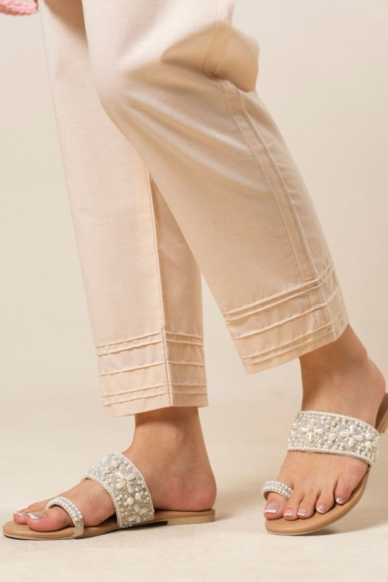 Cream Solid Cambric Ready-to-Wear Trouser