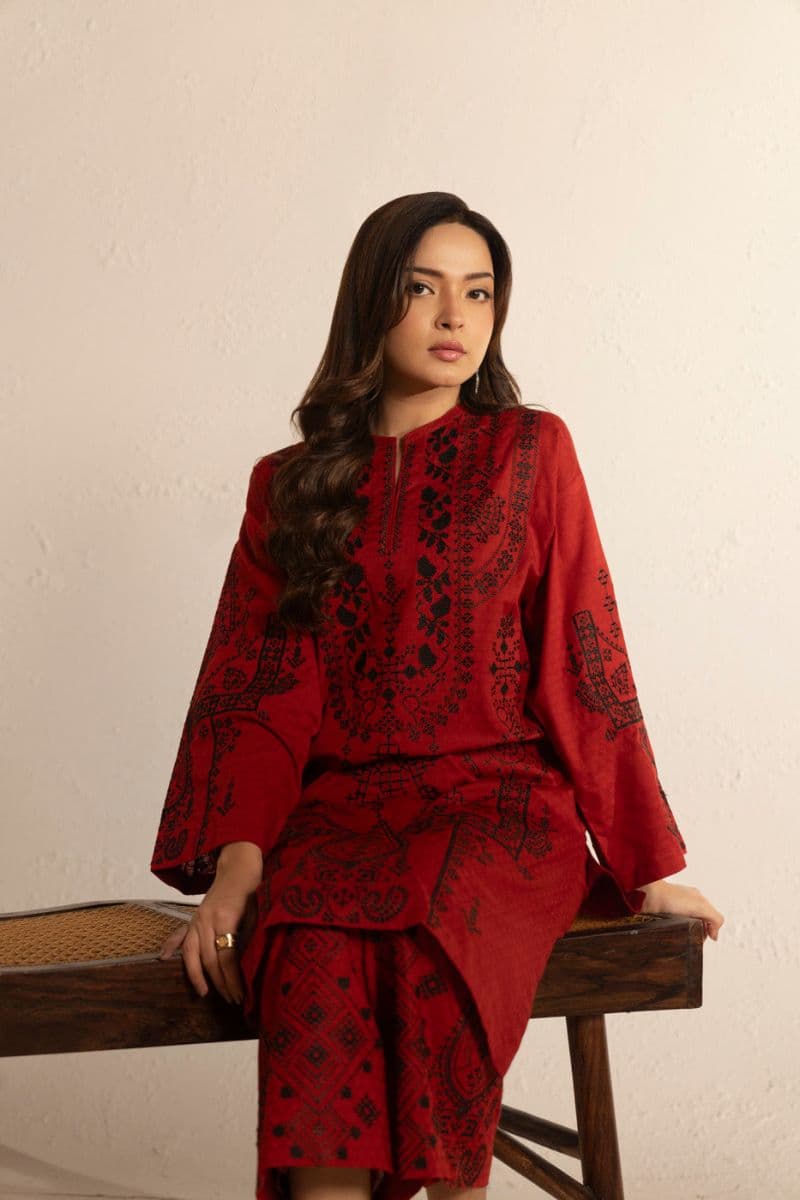 Maroon Embroidered Dobby 2 Piece Ready-to-Wear Shirt thumbnail