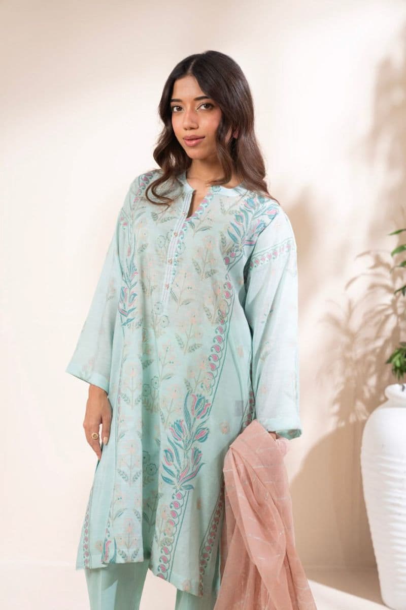 Blue Printed Cotton Silk 2 Piece Dupatta