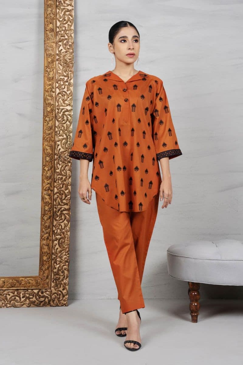 Orange Embroidered Cambric 2 Piece Ready-to-Wear Suit