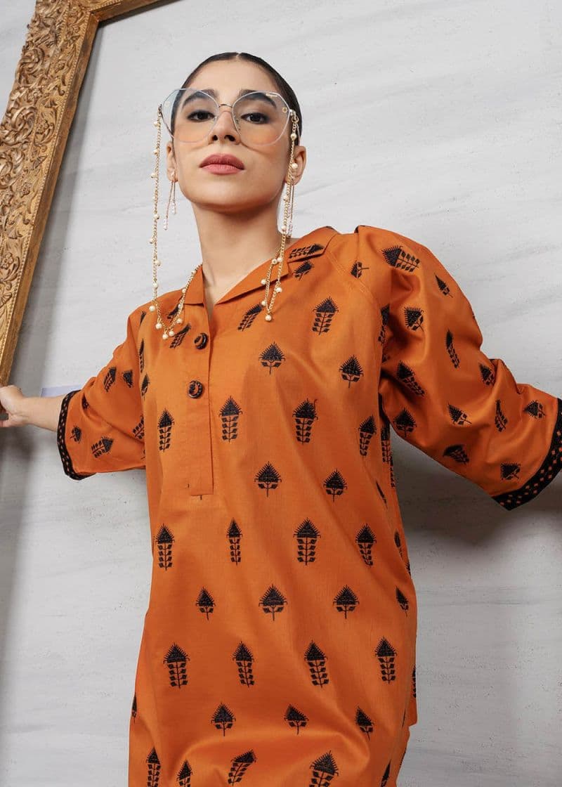 Orange Embroidered Cambric 2 Piece Ready-to-Wear Suit