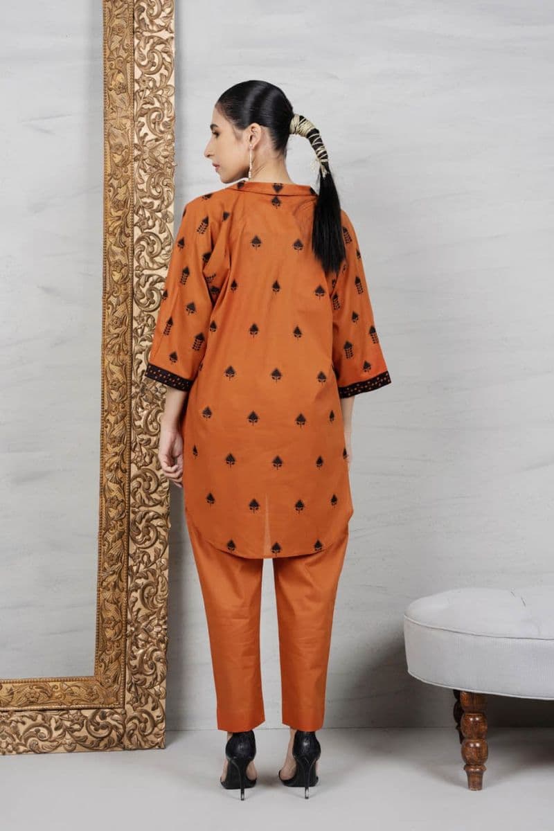 Orange Embroidered Cambric 2 Piece Ready-to-Wear Suit