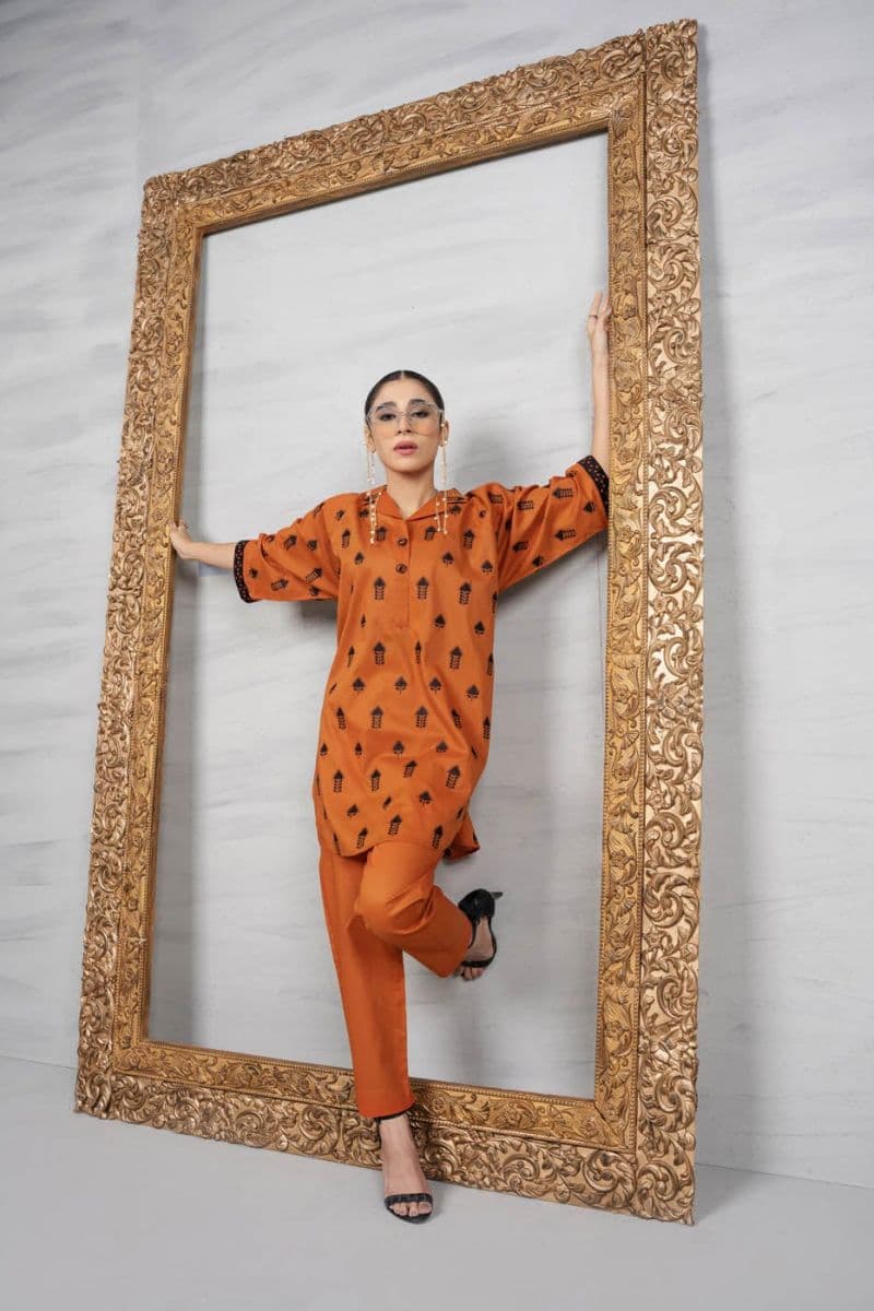 Orange Embroidered Cambric 2 Piece Ready-to-Wear Suit