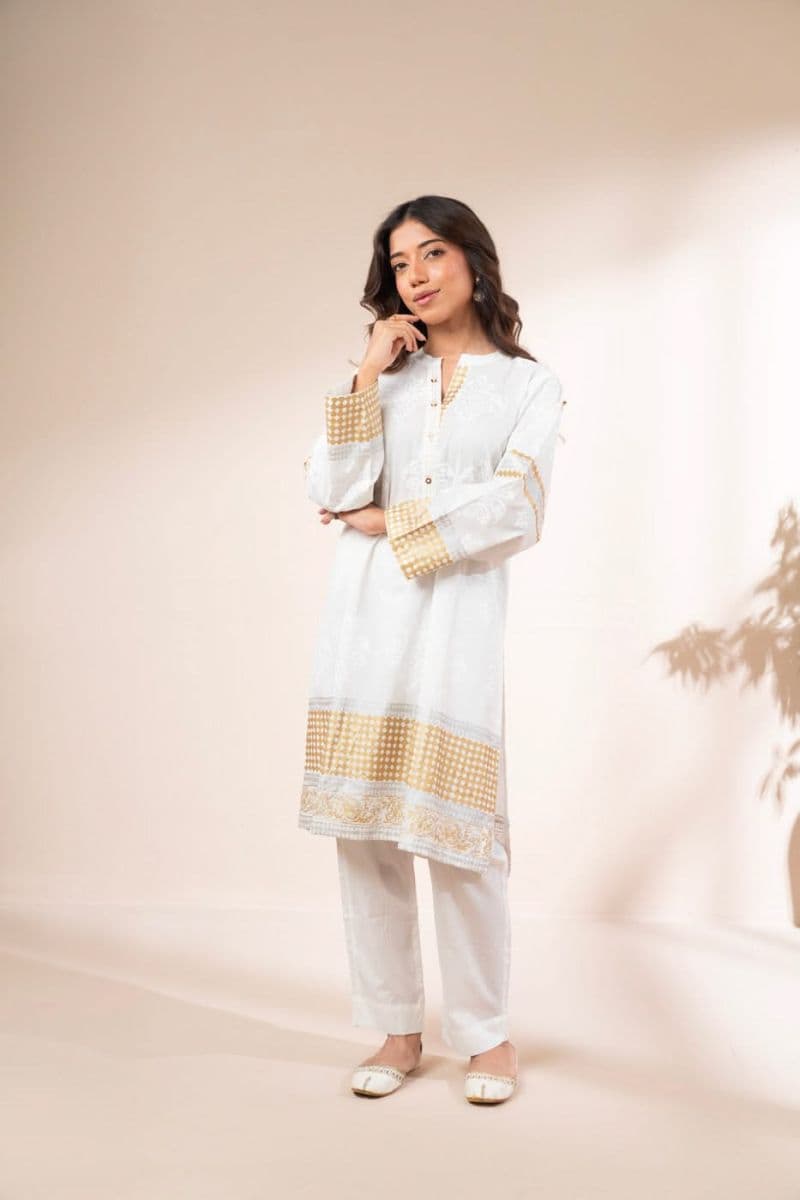 White Embroidered Cambric 2 Piece Ready-to-Wear Suit