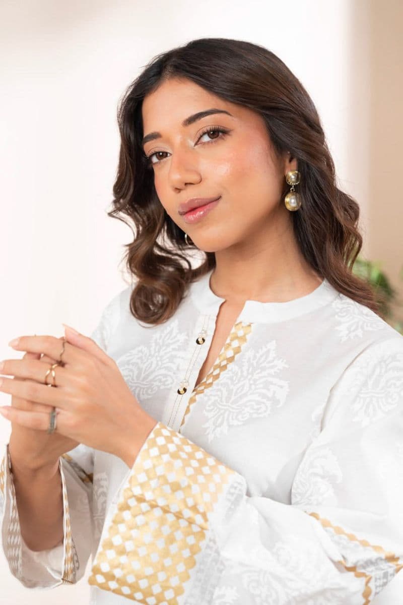 White Embroidered Cambric 2 Piece Ready-to-Wear Suit