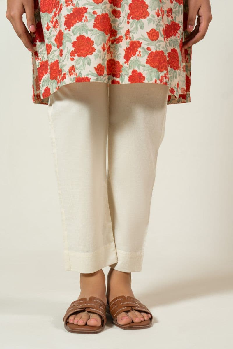 Cream Solid Cambric Ready-to-Wear Trouser