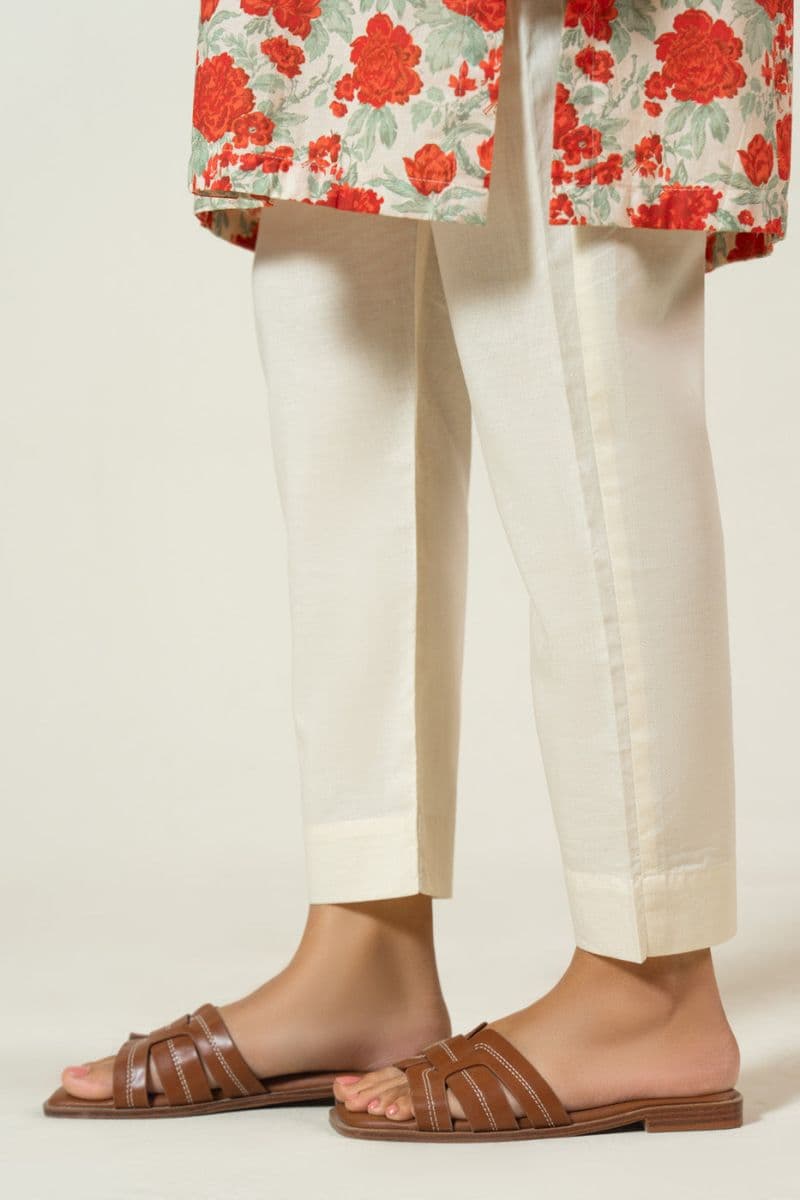 Cream Solid Cambric Ready-to-Wear Trouser