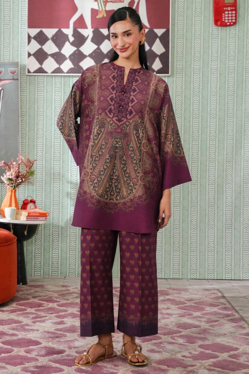 Plum Printed Poly Khaddar 2 Piece Ready-to-Wear Suit