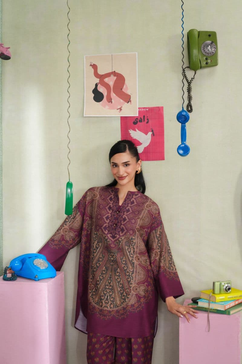 Plum Printed Poly Khaddar 2 Piece Ready-to-Wear Suit