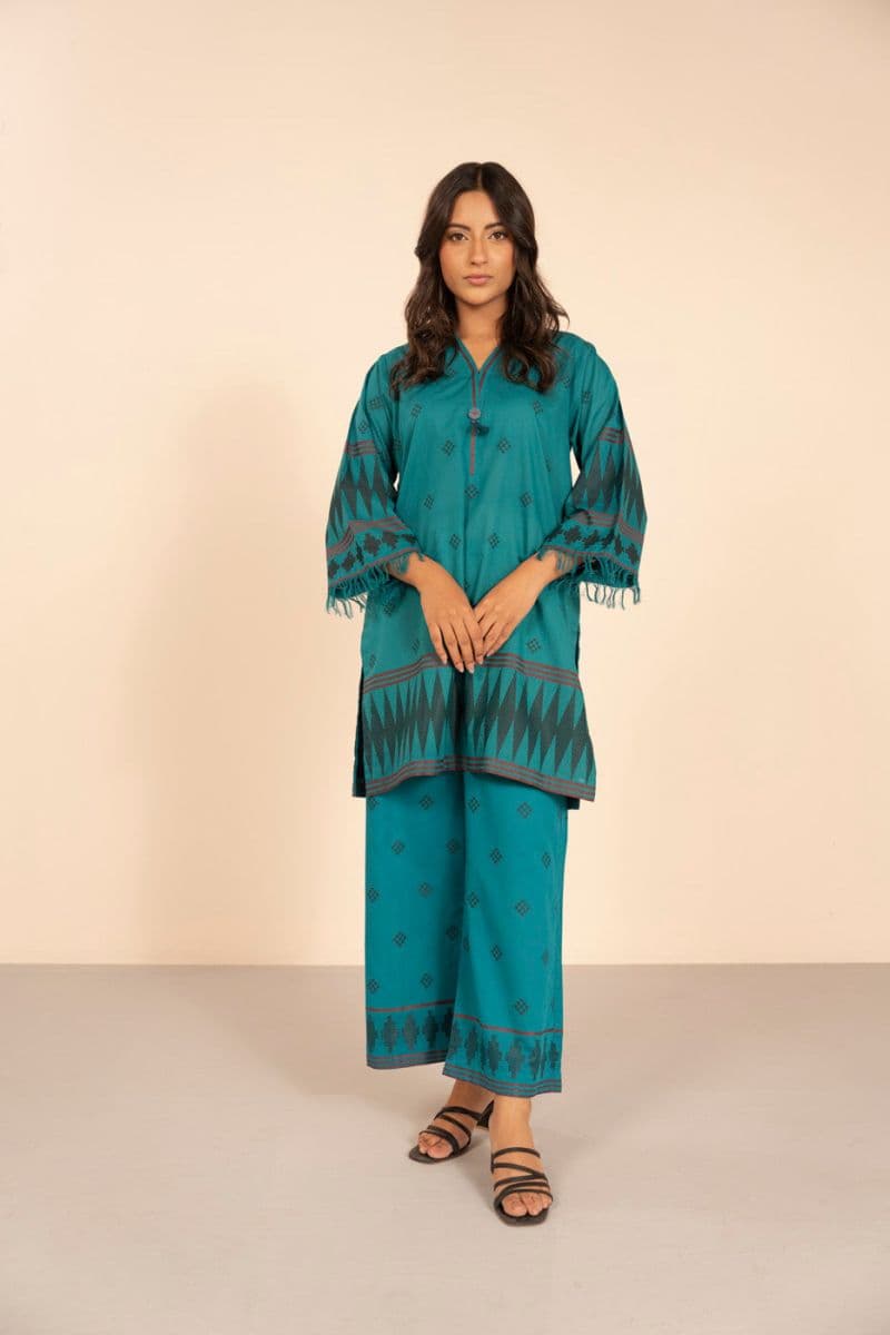 Turquoise Embroidered Jacquard 2 Piece Ready-to-Wear Shalwar