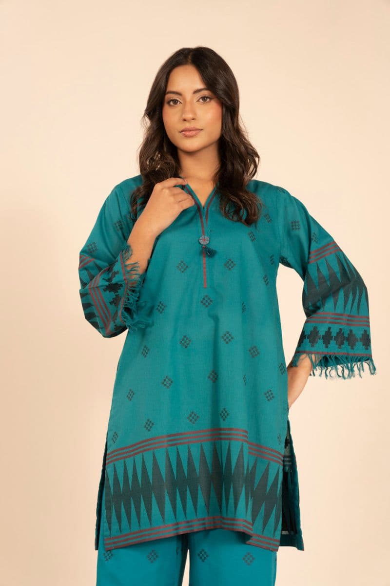 Turquoise Embroidered Jacquard 2 Piece Ready-to-Wear Shalwar