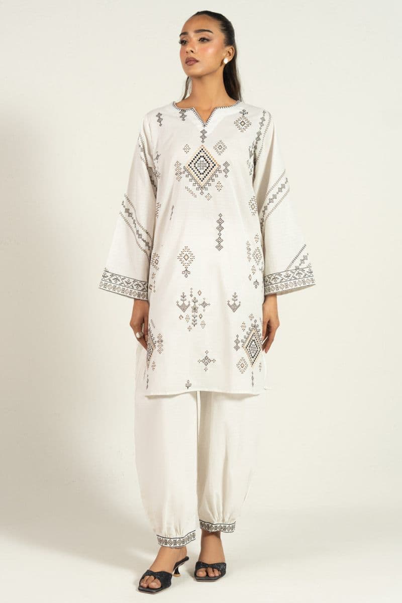 White Embroidered Dobby 2 Piece Ready-to-Wear Suit
