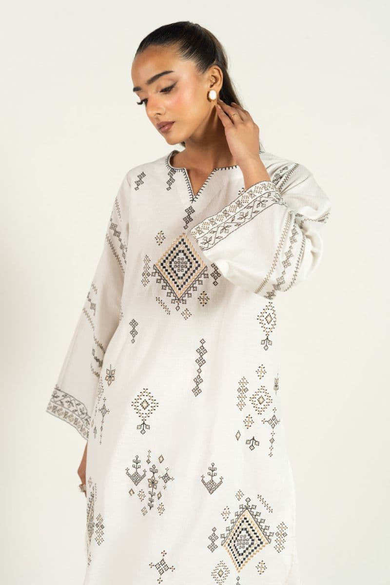 White Embroidered Dobby 2 Piece Ready-to-Wear Suit