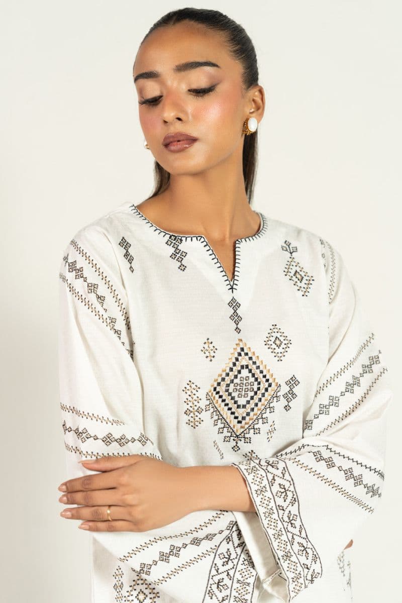 White Embroidered Dobby 2 Piece Ready-to-Wear Suit