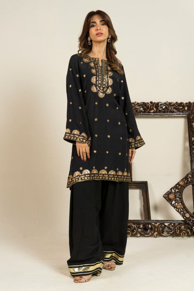 Black Embroidered Shinny Viscose 2 Piece Ready-to-Wear Suit
