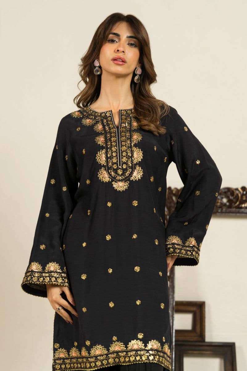 Black Embroidered Shinny Viscose 2 Piece Ready-to-Wear Suit