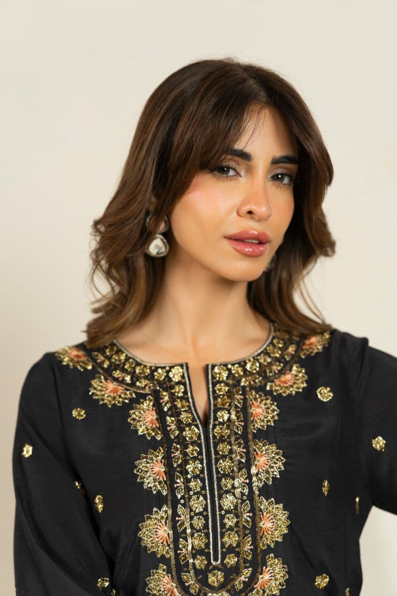 Black Embroidered Shinny Viscose 2 Piece Ready-to-Wear Suit