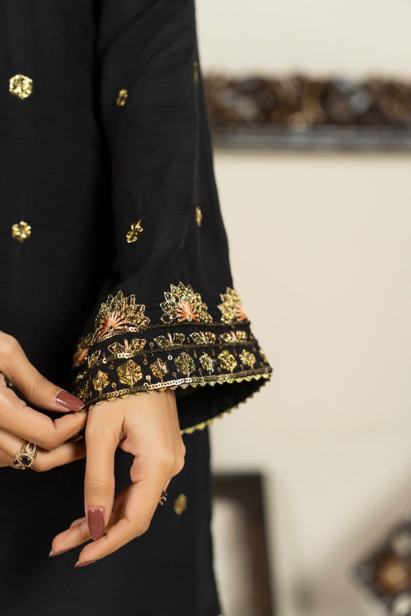 Black Embroidered Shinny Viscose 2 Piece Ready-to-Wear Suit