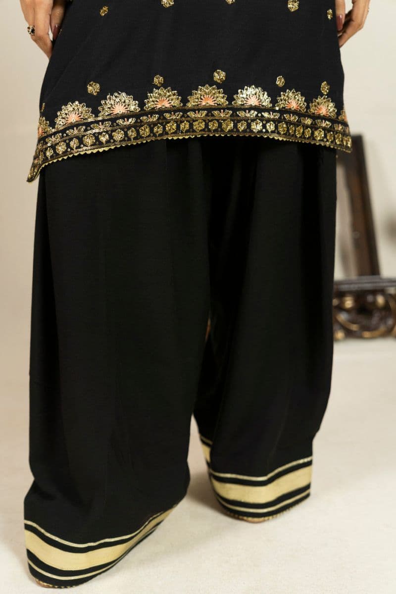 Black Embroidered Shinny Viscose 2 Piece Ready-to-Wear Suit