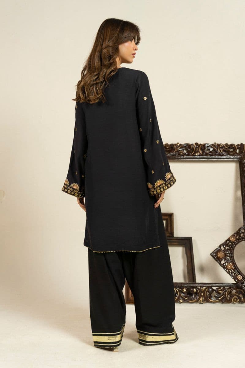 Black Embroidered Shinny Viscose 2 Piece Ready-to-Wear Suit