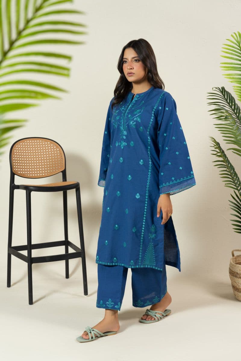 Blue Embroidered Dobby 2 Piece Ready-to-Wear Suit