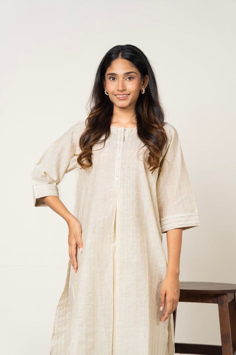 Beige Printed Yarn Dyed 2 Piece Ready-to-Wear Suit thumbnail