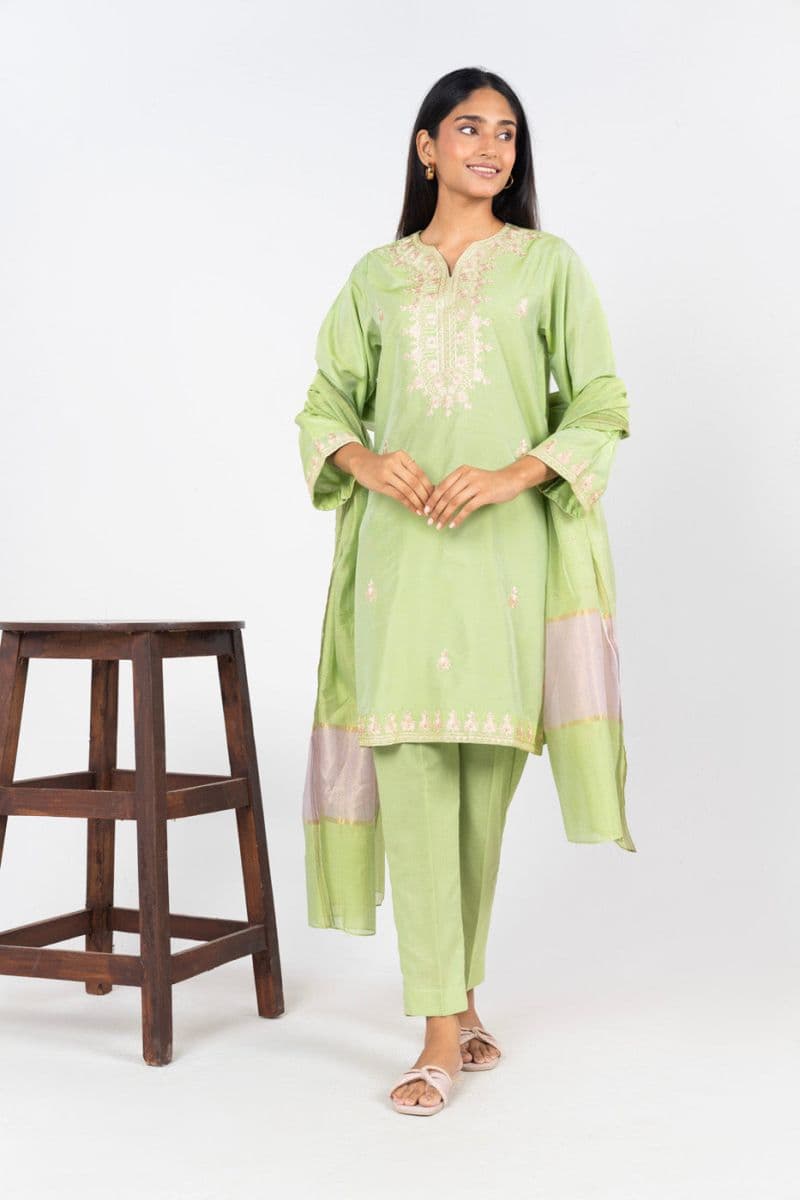 Green Embroidered Cotton Silk 2 Piece Dupatta