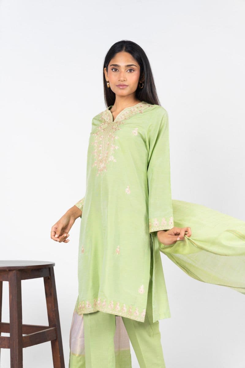 Green Embroidered Cotton Silk 2 Piece Dupatta