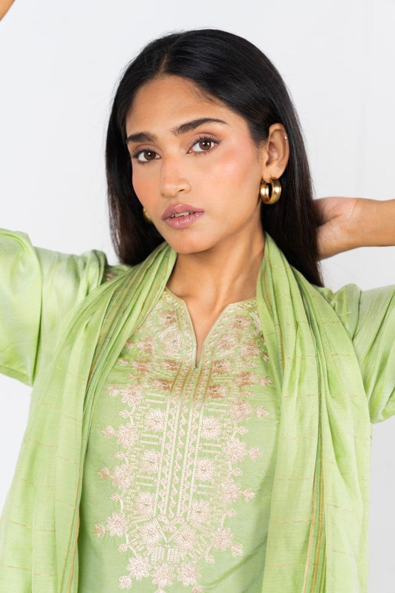 Green Embroidered Cotton Silk 2 Piece Dupatta