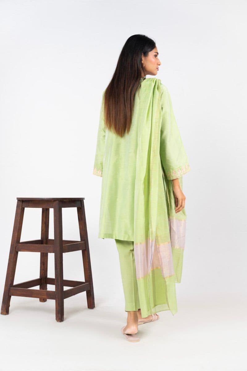 Green Embroidered Cotton Silk 2 Piece Dupatta