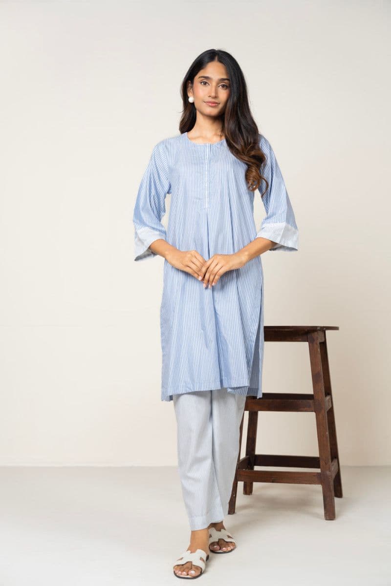 Blue Printed Yarn Dyed 2 Piece Ready-to-Wear Shirt