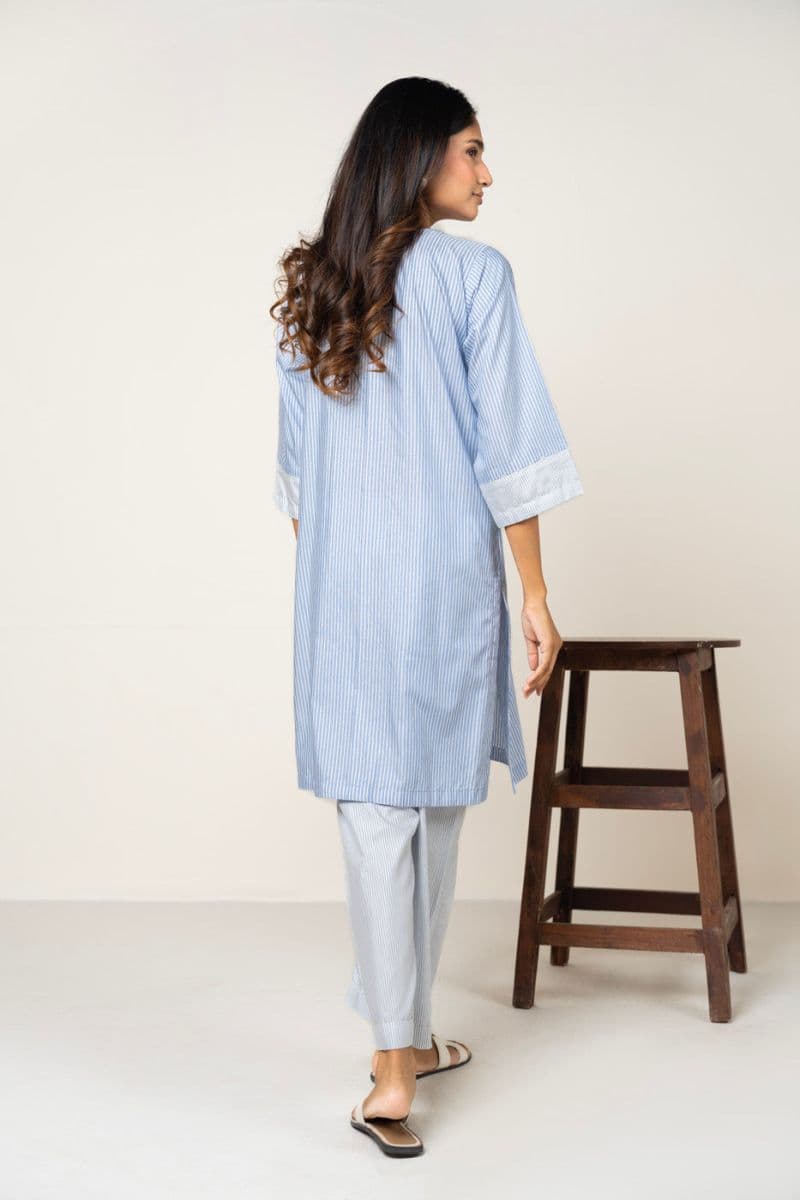Blue Printed Yarn Dyed 2 Piece Ready-to-Wear Shirt