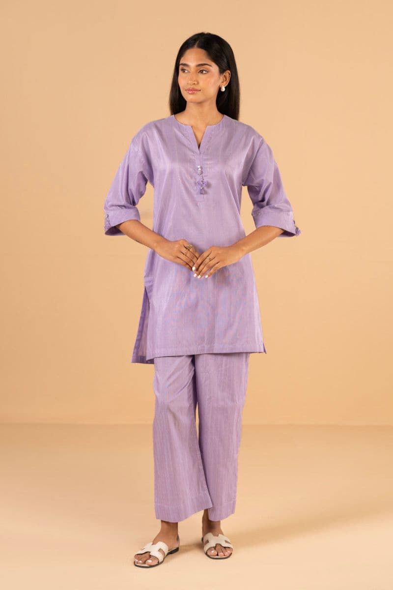 Purple Printed Yarn Dyed 2 Piece Ready-to-Wear Shirt