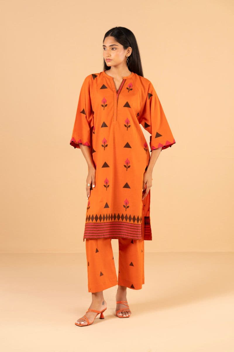 Orange Printed Yarn Dyed 2 Piece Ready-to-Wear Shirt