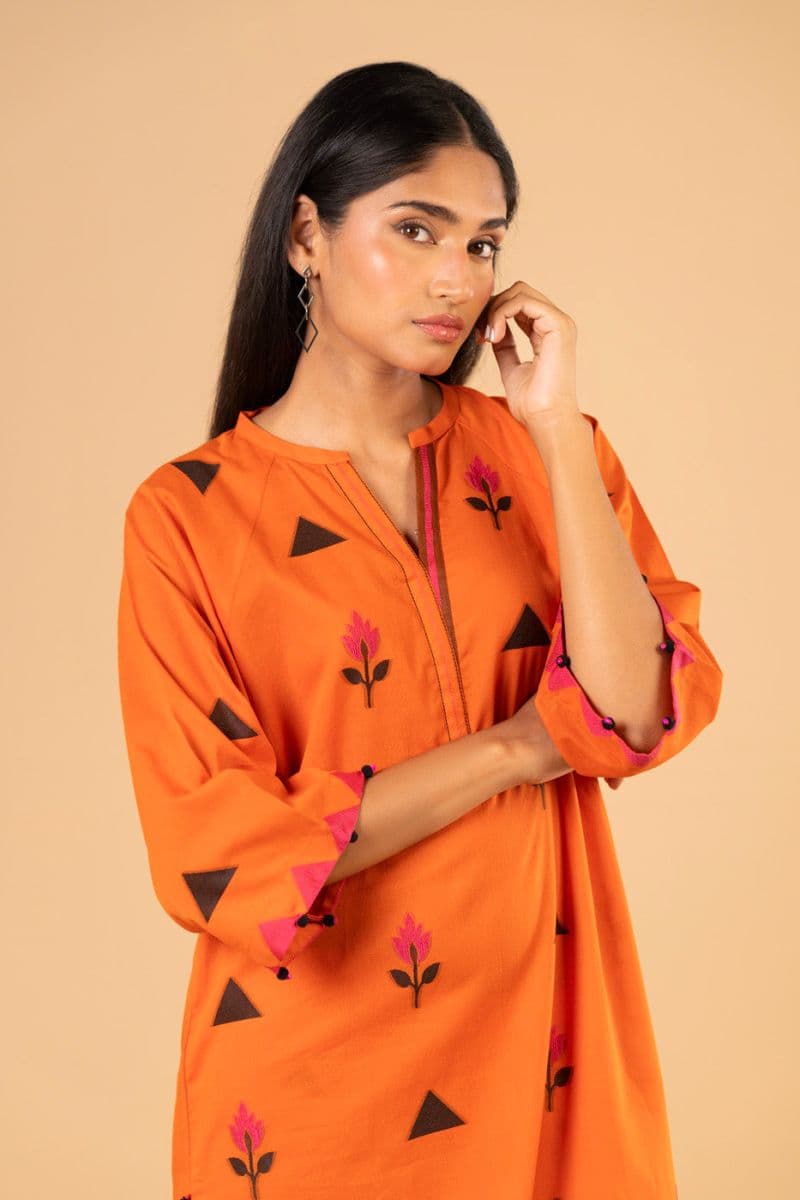 Orange Printed Yarn Dyed 2 Piece Ready-to-Wear Shirt
