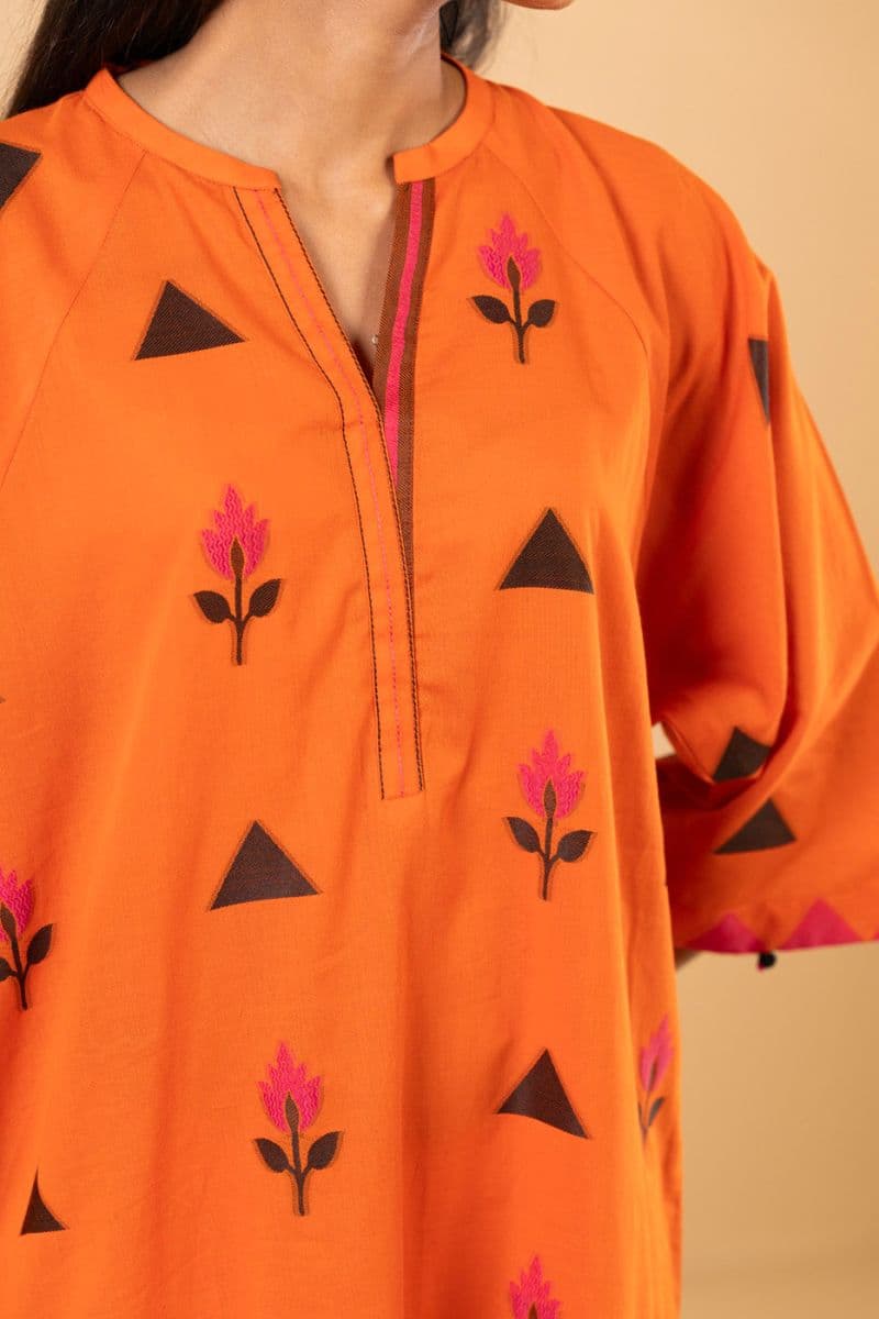 Orange Printed Yarn Dyed 2 Piece Ready-to-Wear Shirt