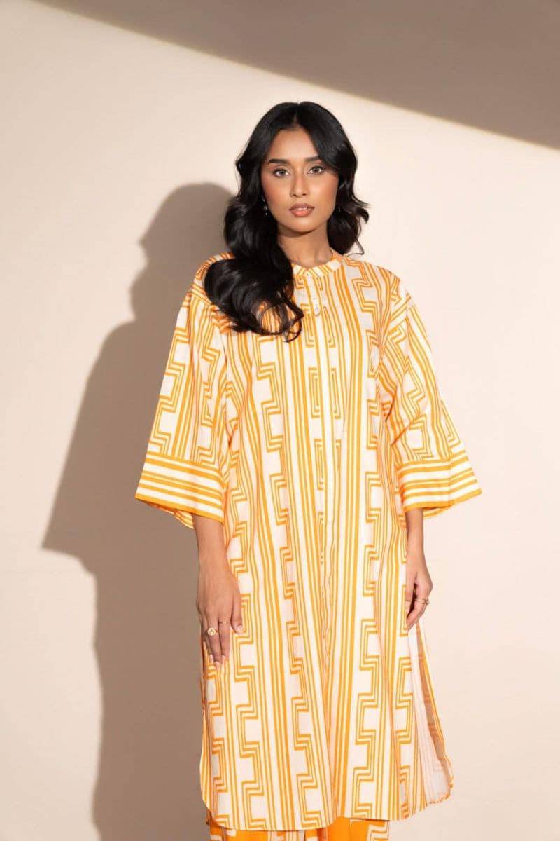 Orange/Cream Printed 2 Piece Ready-to-Wear Shirt