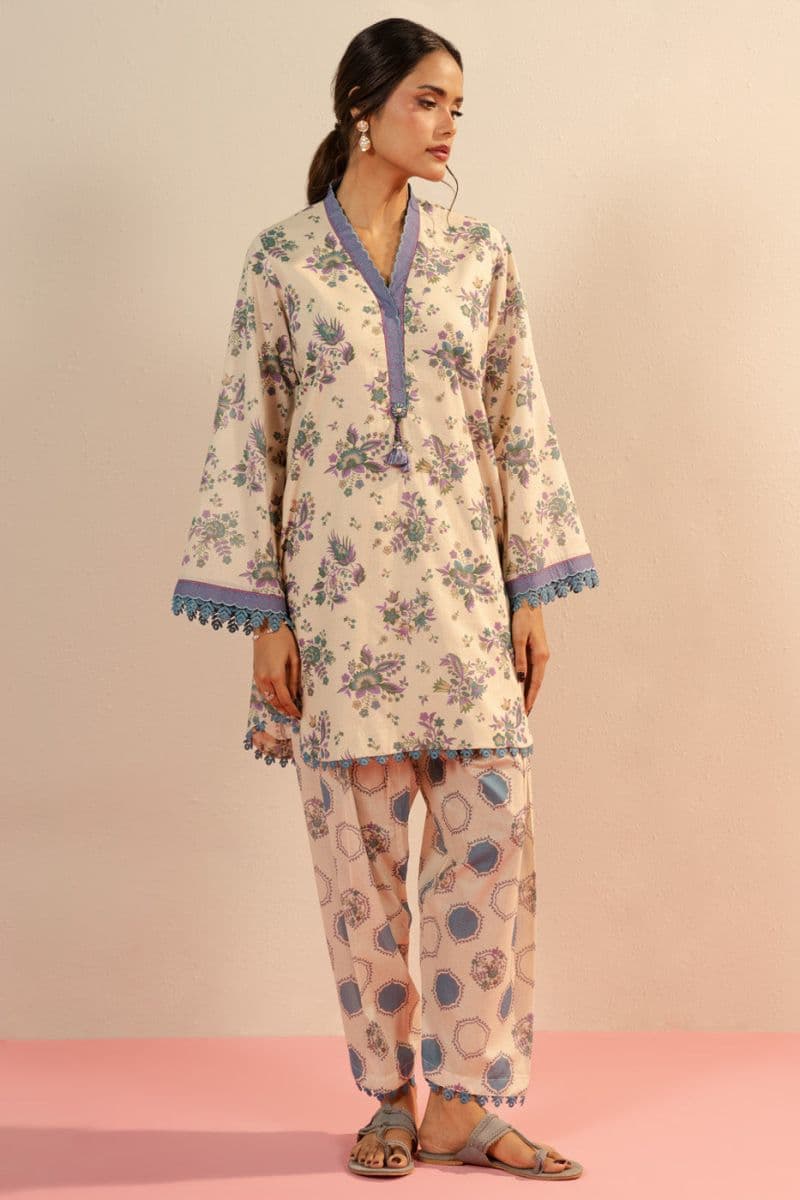 Cream Printed Cambric 2 Piece Unstitched Suit