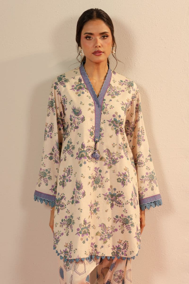 Cream Printed Cambric 2 Piece Unstitched Suit