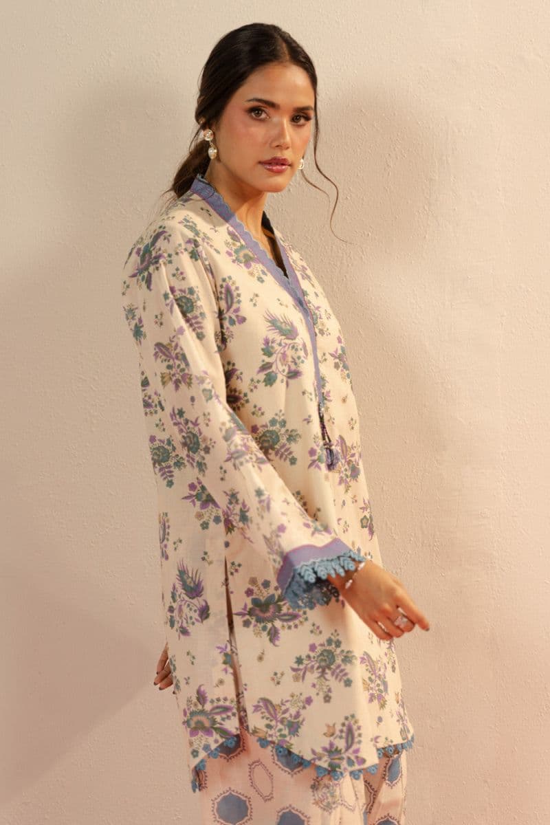 Cream Printed Cambric 2 Piece Unstitched Suit
