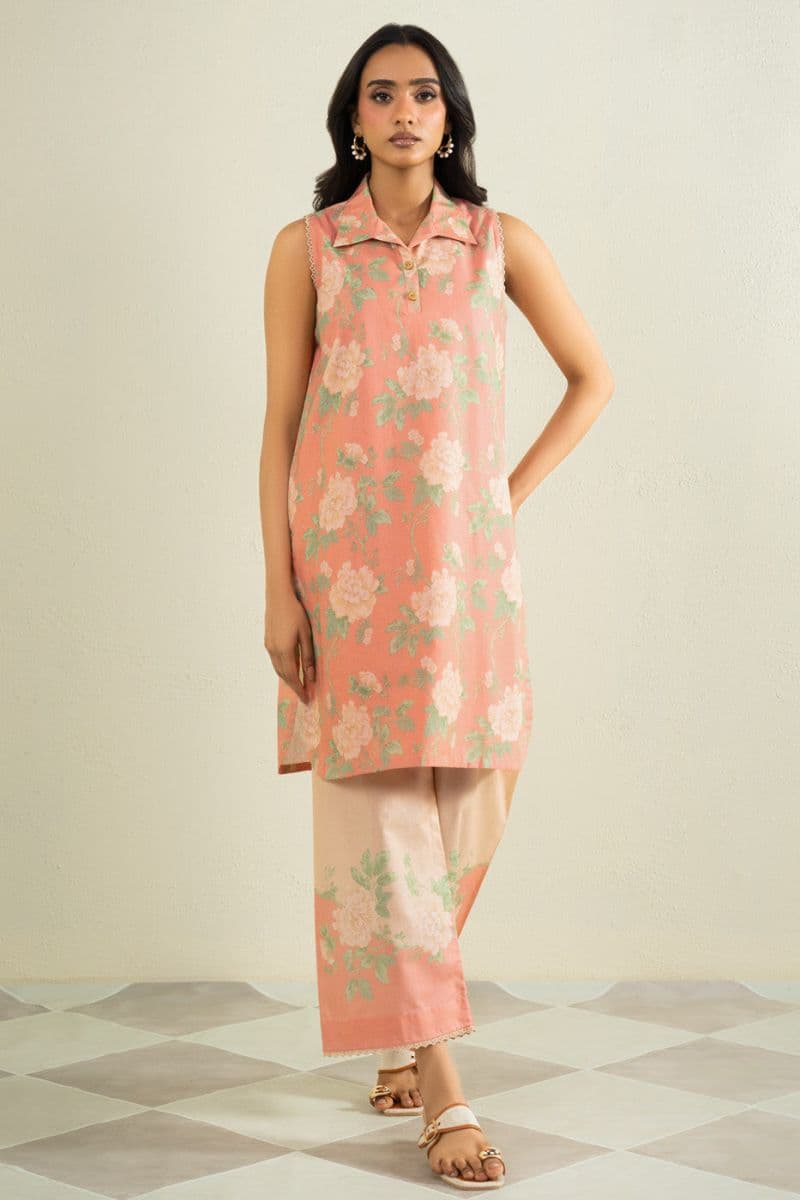 Peach Printed Cambric 2 Piece Unstitched Suit